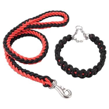 Imagem de Conjunto de coleira de nylon trançado para cães, corrente de adestramento de cães, corda de caminhada para animais de estimação, coleira macia para cães pequenos, médios e grandes, preto e vermelho