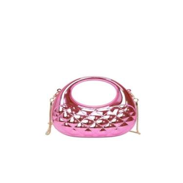 Imagem de Mini bolsa moderna acolchoada rosa brilhante, bolsa pequena metálica com alça de corrente, linda bolsa transversal para festa feminina casual diária