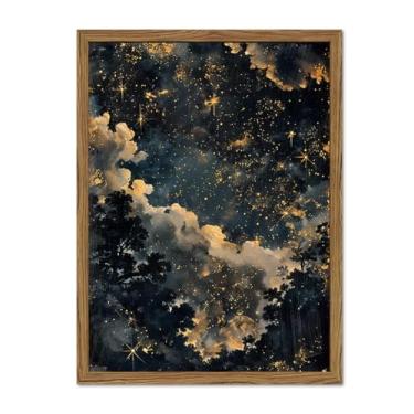 Imagem de Arte de parede celestial escura pintura de estrelas vintage decoração de parede maximalista nuvem temperamental paisagem arte 3D arenito desenhado à mão para academia quarto sala de estar 30 x 40 cm