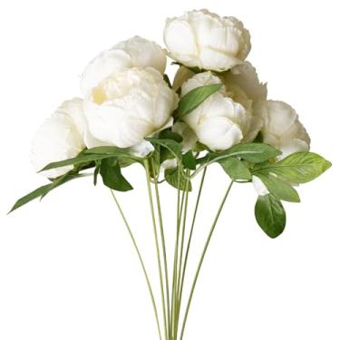 Imagem de EQUSPUR Flores de peônia artificiais, buquê de 9 peônias, flores falsas de paeonia, centros de mesa para cozinha, noiva, floral, festa de casamento, decoração de casa, interior - branco
