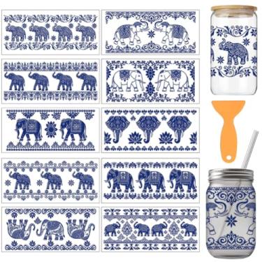 Imagem de arricraft 10 folhas com tema elefante UV DTF Cup Wraps, 10 estilos de elefante azul e branco porcelana retrô padrão PVC adesivos de transferência à prova d'água decalques para copos de vidro de 473 g