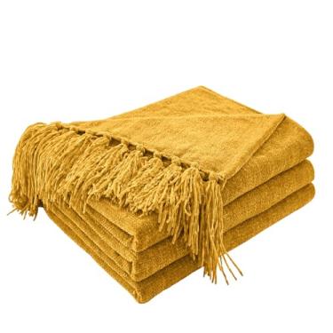 Imagem de CozeCube Cobertor de chenille para sofá, cobertor de pelúcia aconchegante decorativo dourado com franjas, mantas leves para cama, sofá, presente, decoração de casa, 152 cm x 203 cm