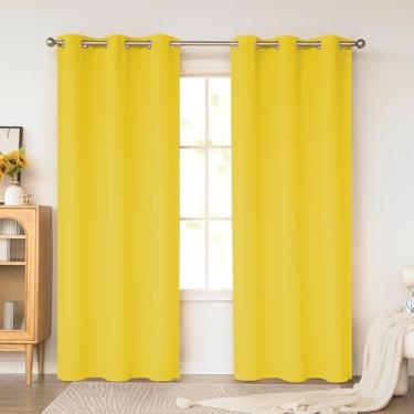 Imagem de KEQIAOSUOCAI Cortinas blackout amarelas brilhantes de 203 cm de comprimento para quarto de meninas, 2 painéis com ilhós, isolamento térmico, bloqueador de sol, cortinas para quarto de bebê, sala de