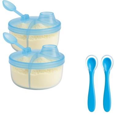 Imagem de Kit 2 Pote de Leite em Pó para Bebê + 2 Colheres Ponta de Silicone, introdução alimentar, condimento para levar na bolsa Pote com 3 Divisorias de 50ml (Azul Bebê)