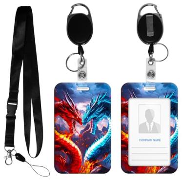 Imagem de HEAKIERG Porta-crachá feminino com carretel retrátil, etiquetas de identificação fofas, crachás de trabalho pesados, 11 x 6,9 cm, para enfermeiras, oficiais de segurança, cruzeiro, vermelho, dragão