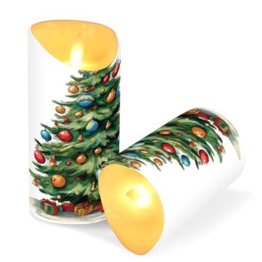 Imagem de Blueangle Pacote com 2 velas de árvore de Natal em aquarela sem chama com controle remoto e temporizador, velas LED cintilantes (7,6 cm x 15 cm) para decoração de casa, casamento, acampamento (111)