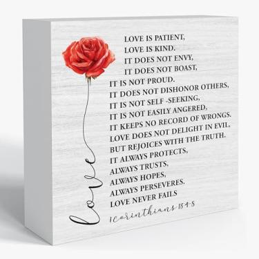 Imagem de Sahjzk Sinal Love Is Patient Love Is Kind – 1 Corinthians 13 Verso da Bíblia Placa de Caixa de Madeira, Decoração de Mesa de Arte Cristã, Destaque Inspirador de Mesa ou Prateleira, Presente de
