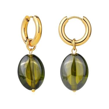 Imagem de TaYolnFaSo Brincos de argola de pedra preciosa natural oval para mulheres, banhado a ouro 18 k, pedra do mês de nascimento, joia irregular, turquesa, presente para esposa, mãe, namorada, 41, Aço