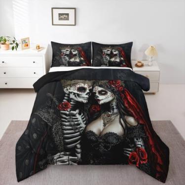 Imagem de Erosebridal Conjunto de edredom de casal de caveira exótica, vintage, esqueleto queen, retrô, gótico, tribo étnica, osso, vermelho, rosa, decoração de esqueleto de Halloween