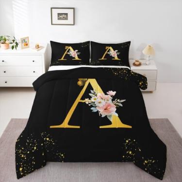 Imagem de jejeloiu Conjunto de edredom com estampa floral, floral, borboleta, para crianças, meninos, meninas, alfabeto, personalizado, letra preta, dourada, edredom de microfibra, 2 peças com 1 fronha