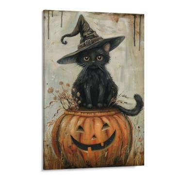 Imagem de HouLaiZhe Pôster de Halloween abóbora gato preto impressões de arte de parede decorações de Halloween decoração de parede estética gótica para sala de estar quarto 11 x 17 polegadas (28 x 43 cm)