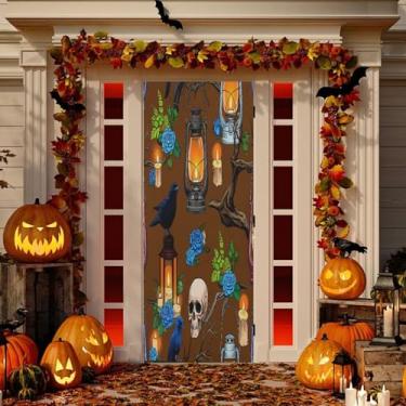 Imagem de Wassud Decoração de capa de porta de caveira vintage banner interno externo decoração de casa de varanda grande decoração de porta da frente 81 x 189 cm