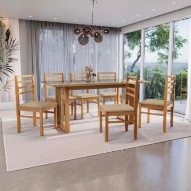 Imagem de Conjunto Sala de Jantar Elisa em Madeira Maciça 6 Cadeiras Boucle Bege