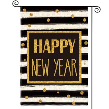 Imagem de Avoin Happy New Year Aquarela Listras Bolinhas Bandeira de Jardim Vertical Tamanho Duplo, Decoração de Festa de Inverno para Quintal ao Ar Livre 31 x 45 cm