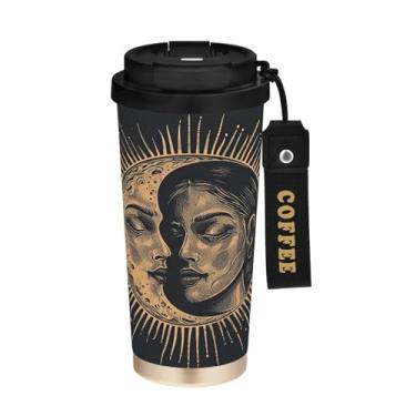 Imagem de YETTASBIN Caneca de café de viagem com isolamento térmico Boho Sun Moon 482 g com tampa canudo, copo à prova de derramamento e vazamento com alça para bebida quente e fria, garrafa de água de aço