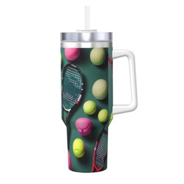 Imagem de Raquetes de tênis engraçadas e bolas de tênis com estampa isolada de aço inoxidável quente/frio Xícara de café 1,134 g Ice Bully com alça