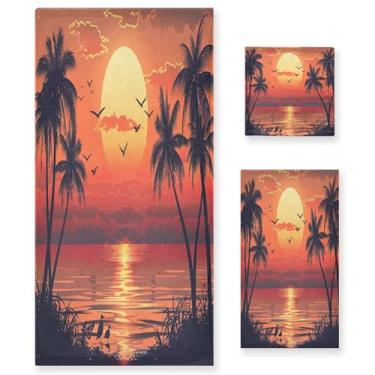 Imagem de xigua Pôr do sol com palmeiras conjunto de toalhas de banheiro absorvente macio 3 peças toalha de banho toalha de mão toalhas decorativas para banheiro, academia, hotel, praia, piscina