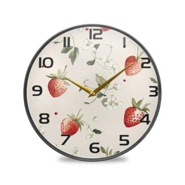 Imagem de YETTASBIN Relógio de parede de acrílico morango - Silencioso, sem tique-taque, operado por bateria, relógio redondo decorativo criativo para cozinha, sala de estar, banheiro, decoração de escritório