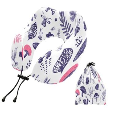 Imagem de CEBUGI Travesseiros de viagem portáteis em forma de U, travesseiro de pescoço de espuma viscoelástica com trava de corda ajustável para avião, viagem, trem, negócios, escritório, soneca (flor)