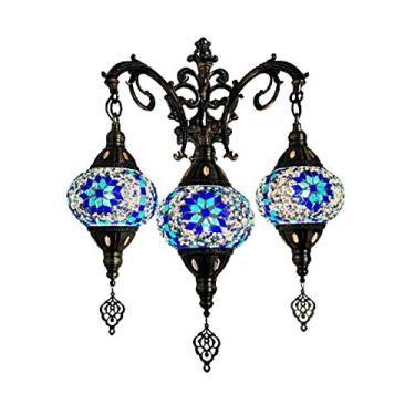 Imagem de Luminária de parede marroquina de 3 braços, aplique de parede turco em mosaico, luminária de cabeceira tradicional feita à mão para sala de estar, quarto, corredor, varanda, café, bar, D