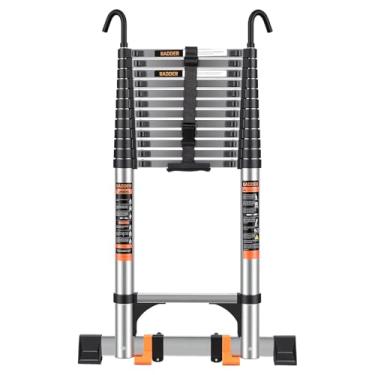 Imagem de Escada telescópica, escada de extensão de 16,5 pés com ganchos, estabilizadores, rodas, capacidade máxima de 150 kg, escada telescópica dobrável para trailer, telhado, ambiente externo