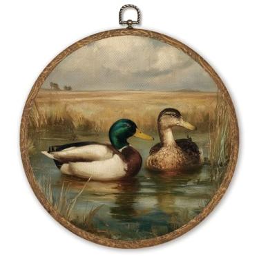 Imagem de Decoração de arte de parede de pato de fazenda, arte vintage de paisagem de lago Mallard redonda, impressões de animais rústicas para sala de estar, cozinha, cabine, casa, decoração de pendurar na