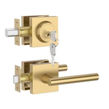 Imagem de Asidrama Conjunto de fechadura frontal de liga de zinco bronze champanhe premium: fechadura de cilindro duplo, maçaneta de segurança resistente para portas externas esquerda/direita, fechaduras de