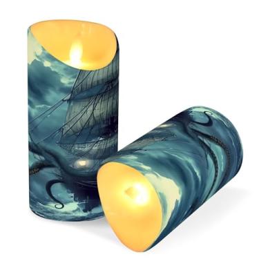 Imagem de ATTX Pacote com 2 velas sem chama para navio pirata – Velas LED de 7,6 cm x 15 cm com controle remoto e temporizador para casa, casamento, decoração de acampamento #768