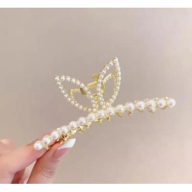 Imagem de Grampo de garra de cabelo de orelha de coelho de strass dourado grande acessório decorativo de metal com aderência segura para estilo diário e arranjo de cabelo elegante