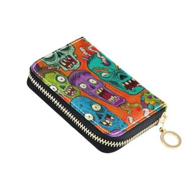 Imagem de Carteira com porta-cartões, bloqueio de RFID, pequena carteira feminina com zíper e bolso para moedas, desenhos animados coloridos, cabeças de zumbi, laranja