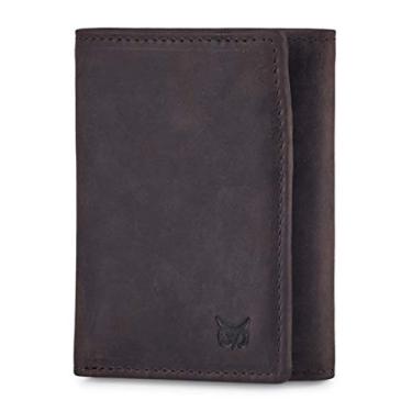 Imagem de Carteira masculina de couro com dobra tripla - Carteira de couro minimalista fina para viagem com bloqueio de RFID (Cavalo Louco Café, 10 x 8 x 1,9 cm)