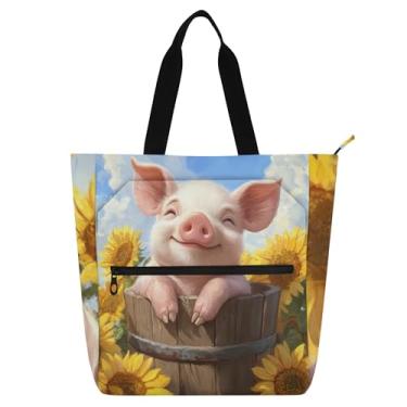 Imagem de GAIGEO Bolsa sacola de girassol com estampa de porco para crianças, mulheres, livros escolares, presentes, zíper, bolsa de lona reutilizável