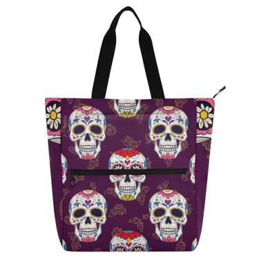 Imagem de GAIGEO Bolsa feminina roxa com caveiras de flores para trabalho, lona, praia, livros, bolsa com zíper, bolsa de mão para uso diário com compartimentos