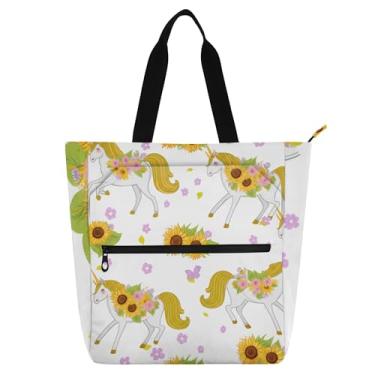 Imagem de GAIGEO Unicórnios extravagantes girassóis bolsa de trabalho para mulheres bolsa de lona com zíper bolsa de praia presente de viagem para amantes de livros bolsas