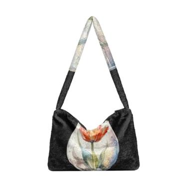 Imagem de GAIGEO Sacola de pelúcia floral de papoula vermelha com bandeira americana em aquarela para mulheres, bolsa feminina para uso ao ar livre, Flor de tulipa em aquarela laranja em vaso de vidro, One Size