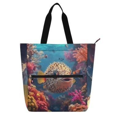 Imagem de GAIGEO Pufferfish Bolsa feminina colorida para recifes de corais, bolsas de tecido de lona para trabalho, faculdade, escola, utilitário, escritório, com compartimentos