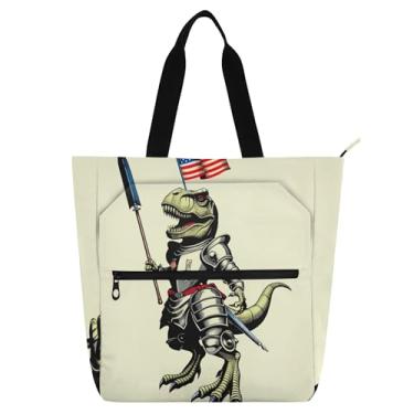 Imagem de GAIGEO Trex Bolsa feminina de lona com bandeira americana, bolsa de tecido de lona, presente reutilizável para amantes de livros