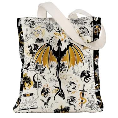 Imagem de VeloKomo Sacola Fourth Wing – Sacola de lona reutilizável para trabalho, compras, viagens, fantasia, romance, mercadoria, dragão, mercearia, bolsa, casual, Natal, Ano Novo, presente de aniversário