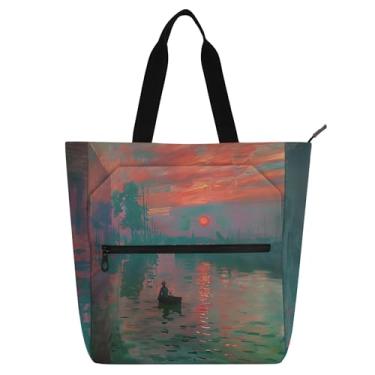Imagem de GAIGEO Cléonard Monet Sunrise Art Work Sacola feminina de lona com zíper bolsa de praia reutilizável presente para amantes de livros