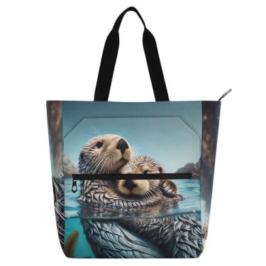 Imagem de Sacola feminina de lona com estampa de lontras de animais fofas para livros de praia com zíper, bolsa de mão para crianças, presente para amantes de livros