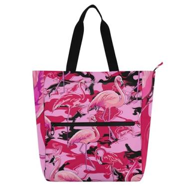 Imagem de Lindas bolsas de trabalho de flamingos rosa para mulheres bolsa de praia com zíper de lona para crianças bolsas fofas para amantes de livros presentes