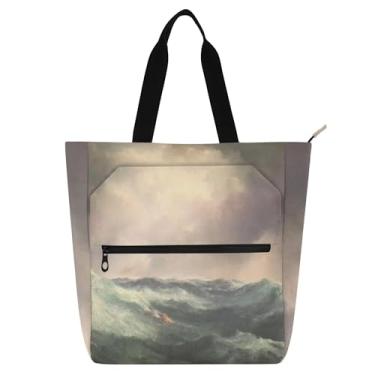 Imagem de GAIGEO Bolsa feminina com estampa de Thomas Moran Angry Sea, bolsa de trabalho, lona, praia, livro, com zíper, presente médio para amantes de livros
