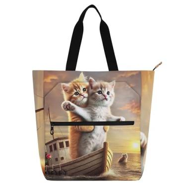 Imagem de GAIGEO Bolsa sacola romântica de gato Titanic Love para crianças e mulheres amantes de livros com zíper bolsa de lona para trabalho escolar