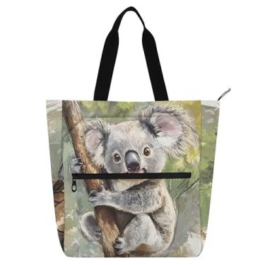 Imagem de GAIGEO Sacola com estampa de folhas verdes de árvore coala para mulheres, crianças, escola, trabalho, durável, com zíper, bolsa para livros com compartimentos