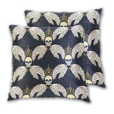 Imagem de Joitme Conjunto de 2 capas de almofada pretas com asas de caveira para ambientes externos, almofadas macias de sofá para cama, 45 x 45 cm, 2 peças