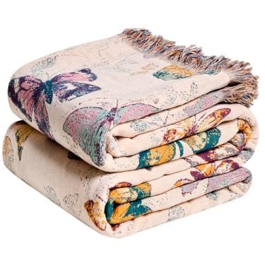 Imagem de MSGKV Cobertor Boho para sofá de algodão borboleta cobertor 127 cm x 152 cm cobertores de sofá cadeira todas as estações musselina respirável leve cobertores de casa de fazenda decoração de casa