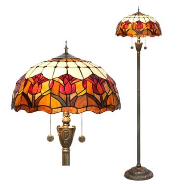 Imagem de Luminária de chão estilo Tiffany [2 lâmpadas][40,6 cm L x 157,5 cm A] Luminária de decoração para casa, luminária de leitura de chão em formato de tulipa com vitral antigo para sala de estar