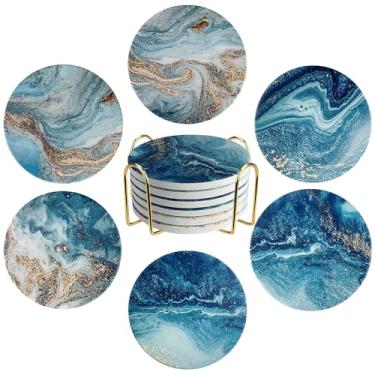 Imagem de Conjunto de 6 porta-copos de cerâmica, design texturizado de mármore com suporte - porta-copos absorventes de cortiça para copos, acessórios de decoração de bar e mesa de café (oceano azul, pacote com