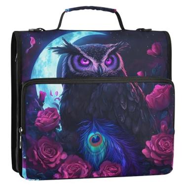 Imagem de Fichário floral com 3 anéis de arte digital com estampa de coruja de 3 cm D para fichário organizador com zíper, bolsa escolar com alça de ombro, vários bolsos, pasta grande para portfólio