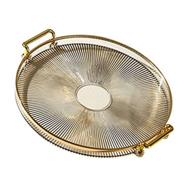 Imagem de Zerodis Bandeja Redonda Com Alças Bandeja para Servir Joias Organizadora de Maquiagem Pão Frutas Sobremesa Lanche Prato para Cozinha Banheiro Sala de Estar Redonda Com Alças (Âmbar Dourado)